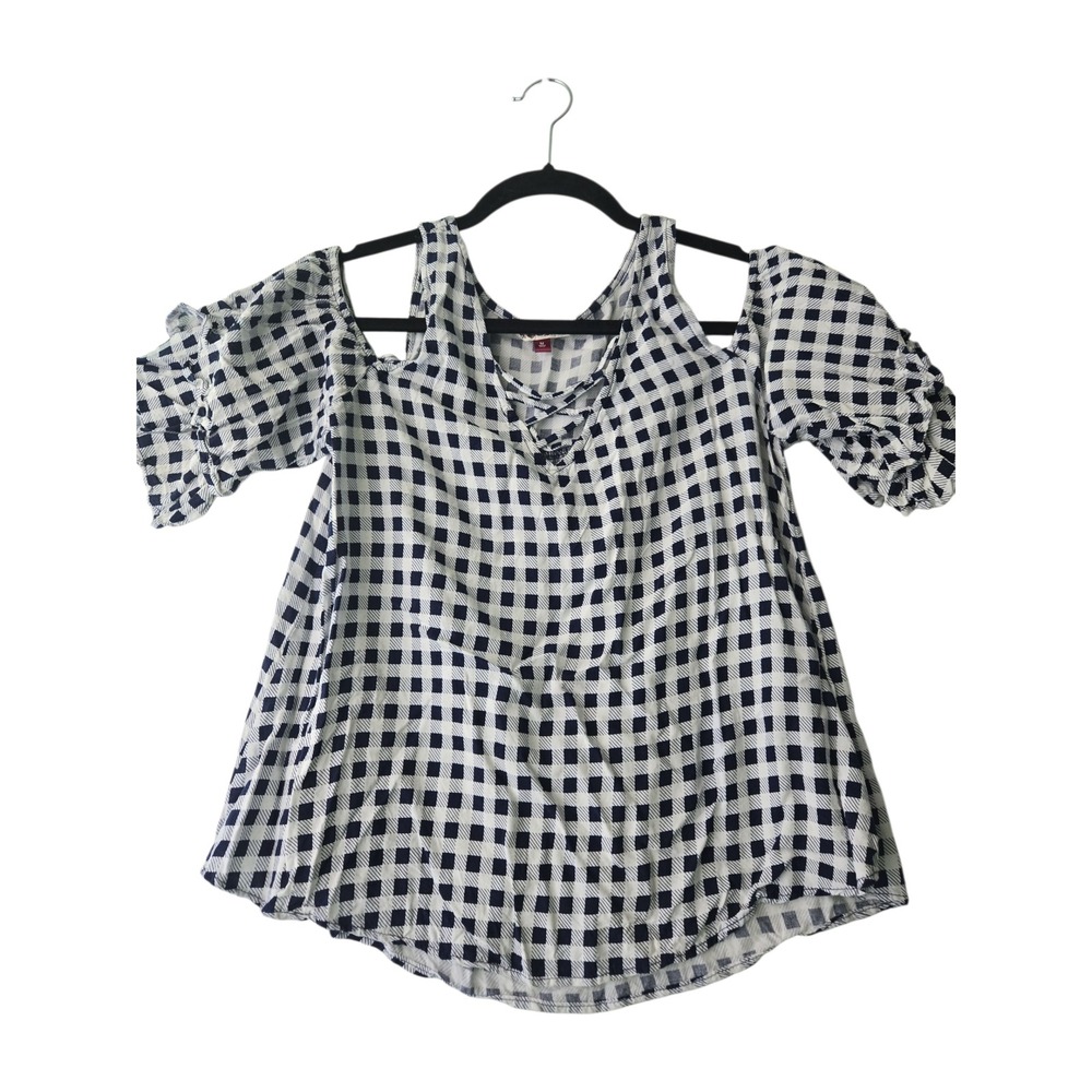 SO Women's Cold Shoulder Top Blouse Medium White Navy Gingham Plaid‎ - Picture 8 of 8